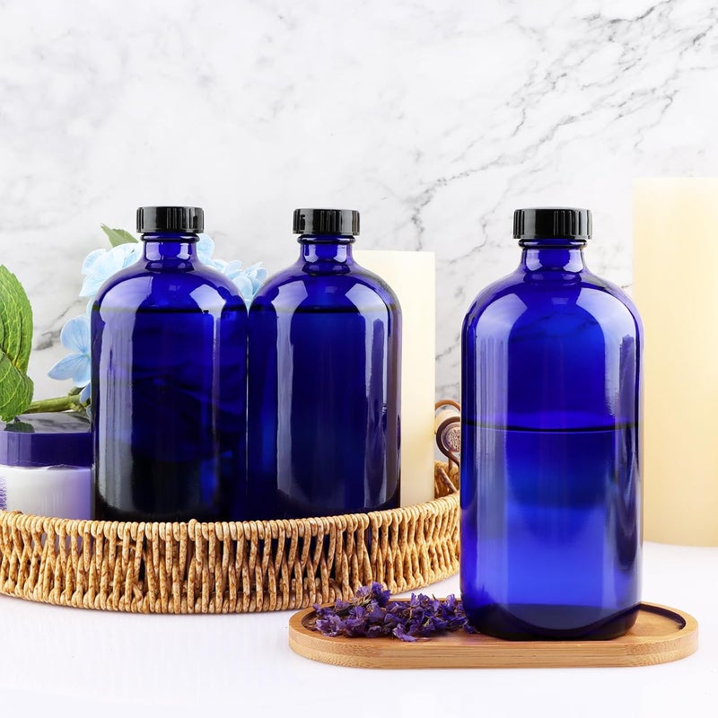 PINIWON 12 Pack 16 oz Cobalt Blue Glass Bottles, Boston Round Sample Bottles with Black Poly Cone Caps, Labels and Funnels - Image 5
